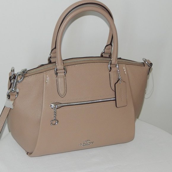 NWT COACH ELISE Pebbled Leather Medium Satchel Top Handle Bag in Light Taupe - Picture 2 of 13